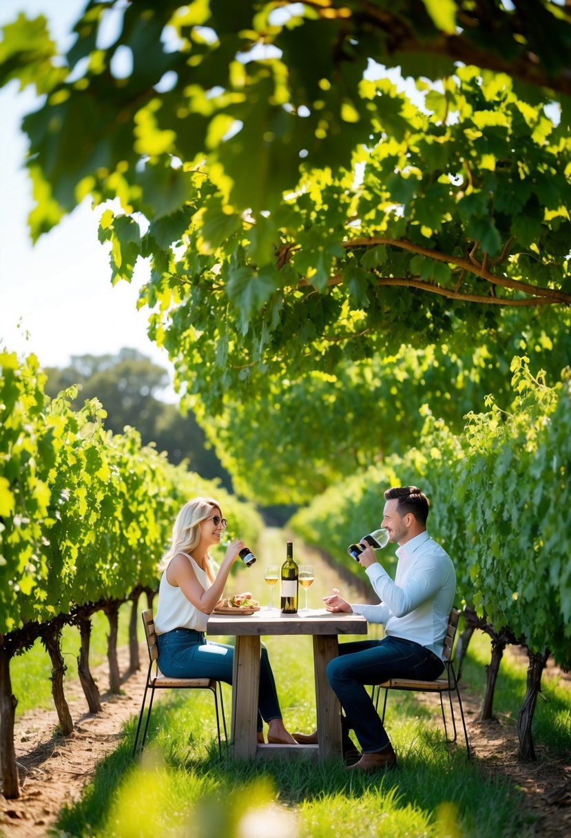 A sunny vineyard with rows of grapevines, a rustic tasting table, and a couple sipping wine under a canopy of lush greenery