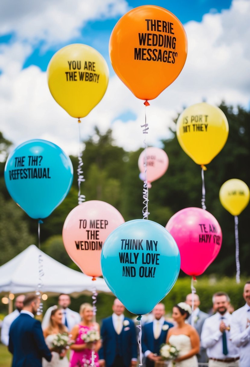 Colorful balloons with cheeky messages float above a wedding scene, adding a playful and unexpected touch to the traditional setting