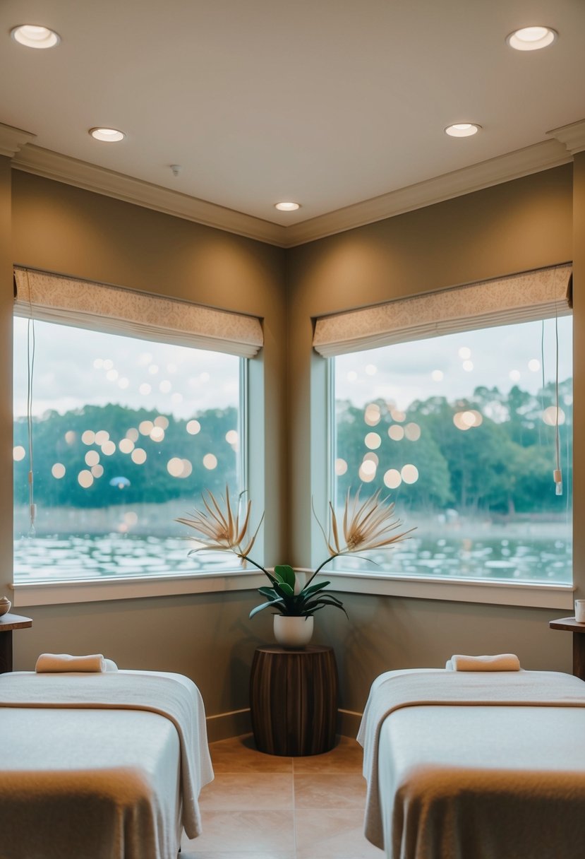 A serene spa with two massage tables, soft lighting, and soothing music. A couple enjoys side-by-side treatments in a tranquil, romantic setting