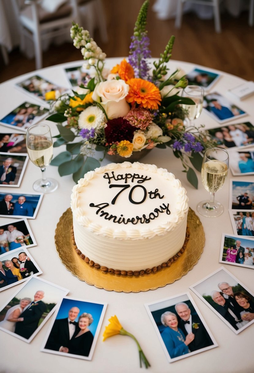 A table adorned with photos, flowers, and mementos from 70 years of marriage. A cake with "Happy 70th Anniversary" sits in the center