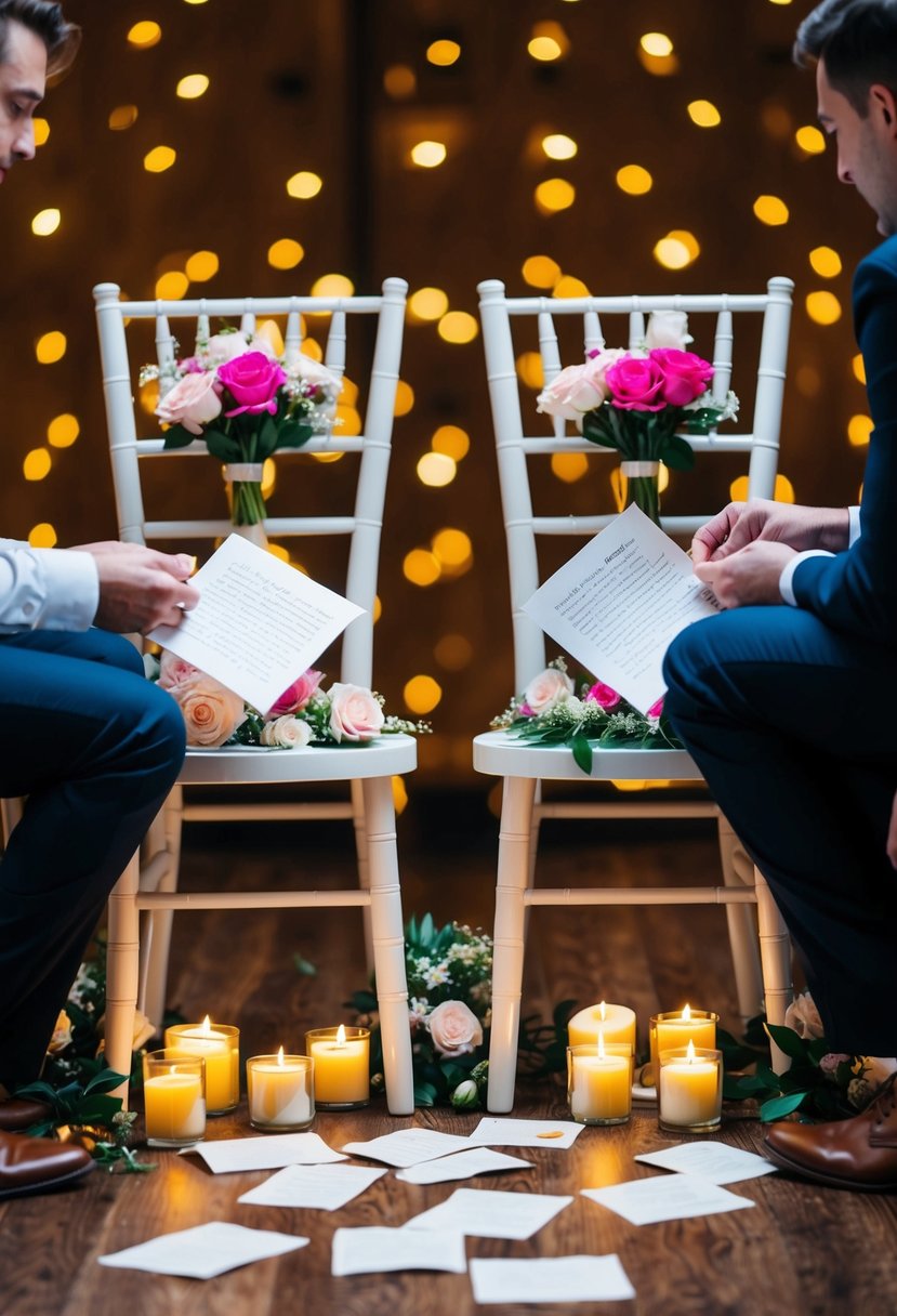 Two chairs facing each other, surrounded by candles and flowers. Love letters scattered on the table, with two people reading them aloud to each other