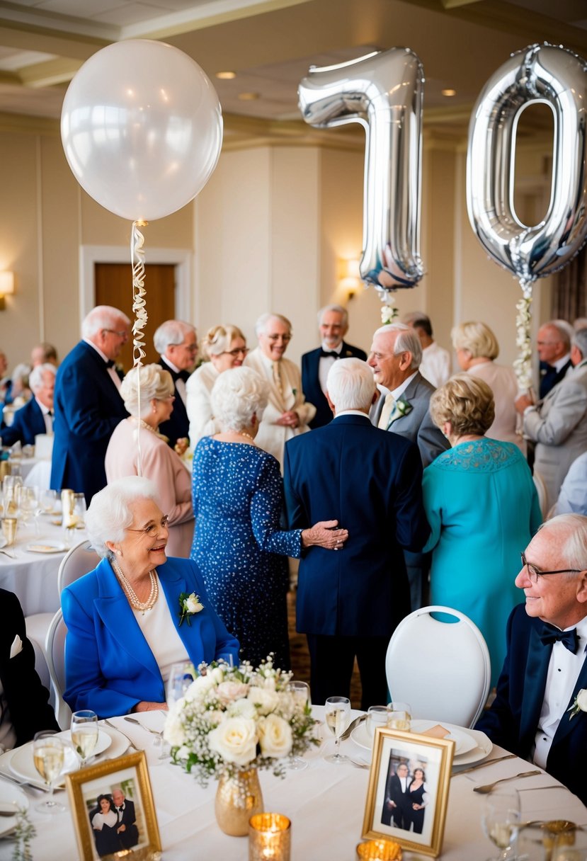 A group of elderly couples gather in a decorated room, with a large "70" balloon and vintage wedding photos displayed. Tables are adorned with gold and white decorations, and guests are dressed in formal attire