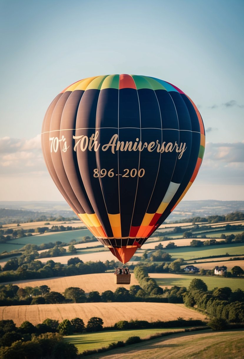 A hot air balloon floats above a picturesque landscape, with a couple's 70th anniversary date visible on the balloon