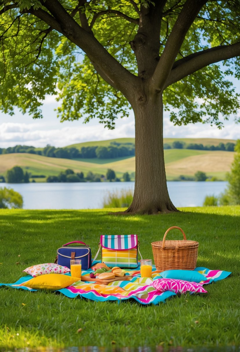 A colorful picnic spread under a shady tree in a serene park, with a view of a tranquil lake and rolling hills in the background