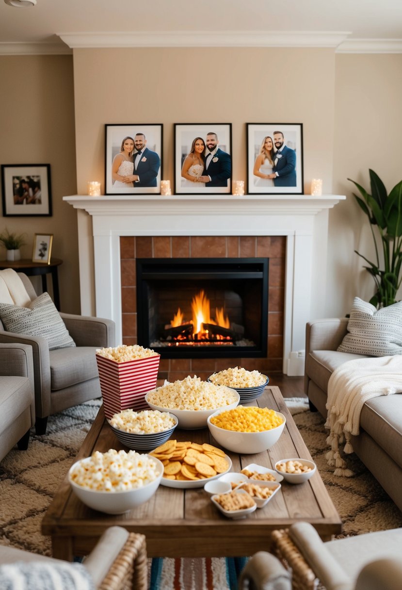 A warm living room with a flickering fireplace, soft blankets, and a table filled with popcorn and snacks, surrounded by framed photos of the happy couple