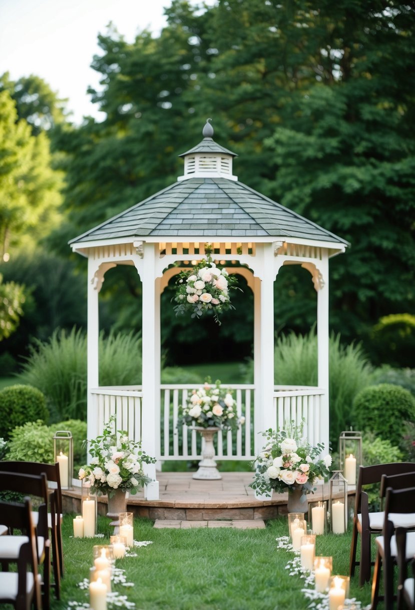 A small garden with a gazebo, adorned with flowers and candles, set for a vow renewal ceremony