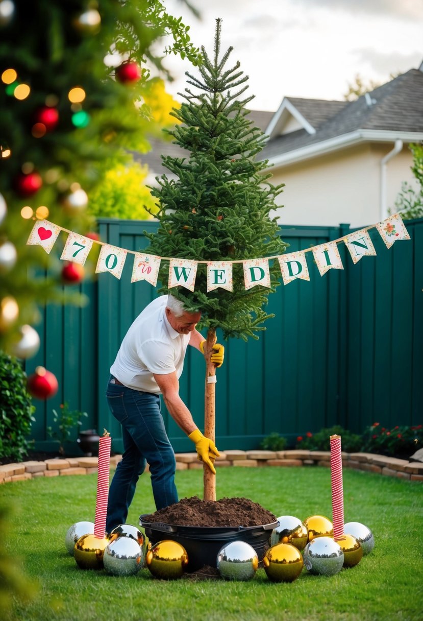 A tree being planted in a backyard, surrounded by festive decorations and a banner celebrating a 70th wedding anniversary