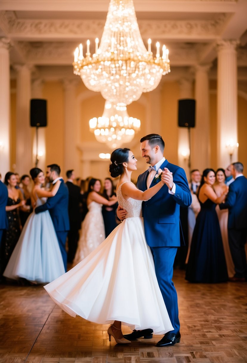 A couple gracefully dances under the soft glow of a chandelier in a grand ballroom, surrounded by other couples enjoying a night of celebration