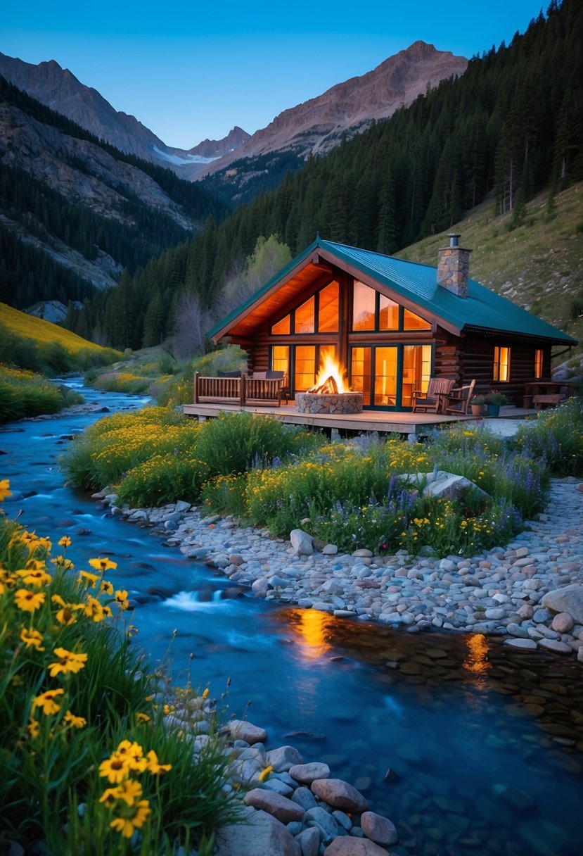 A cozy cabin nestled in the mountains with a crackling fire, surrounded by blooming wildflowers and a winding river