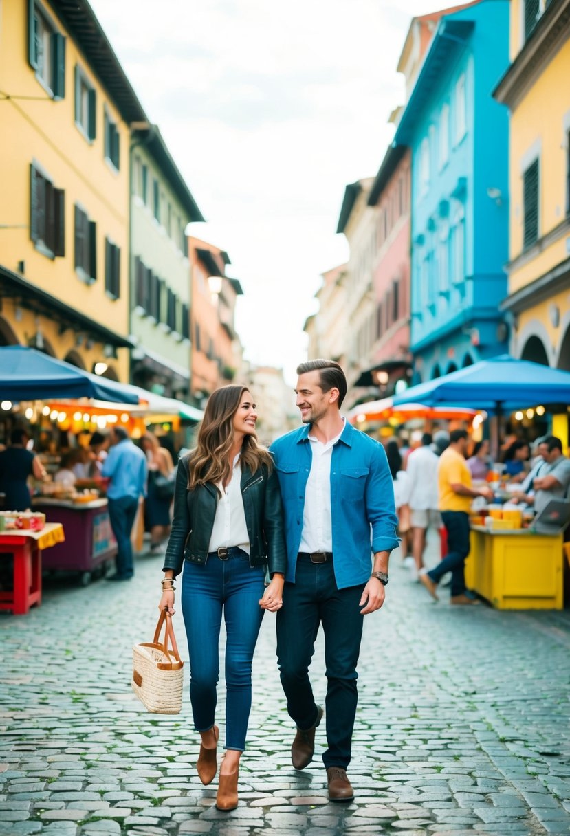 A couple strolling through a bustling city square, surrounded by colorful buildings and street vendors, with a sense of adventure and celebration in the air