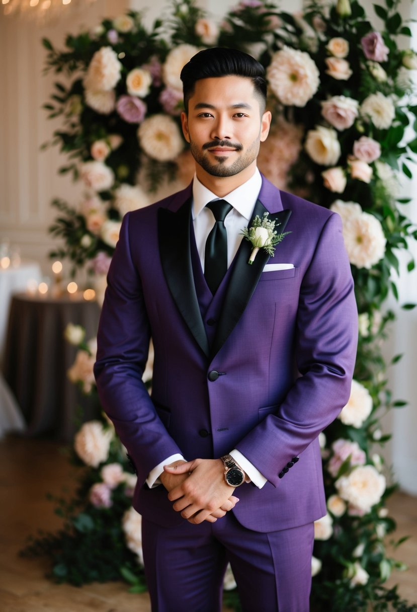 A groom’s purple suit, accented with black lapels and a matching tie, stands in front of a floral backdrop at an elegant wedding venue