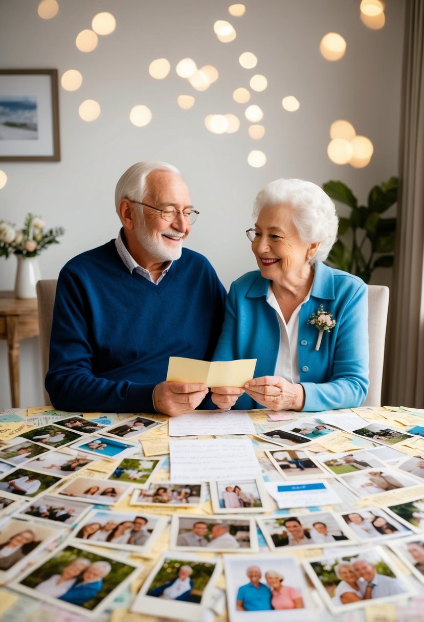 An elderly couple sitting at a table covered in love letters, surrounded by photos from their 70 years of marriage