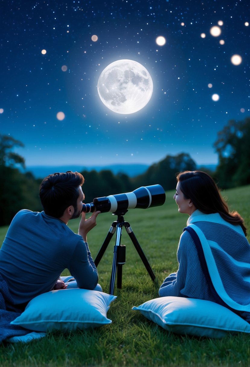 A couple gazes at the stars through a telescope, surrounded by blankets and pillows on a grassy hill. The night sky is filled with twinkling stars and a bright full moon