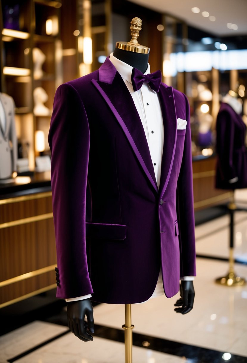 A regal purple velvet suit displayed on a mannequin in a luxurious setting