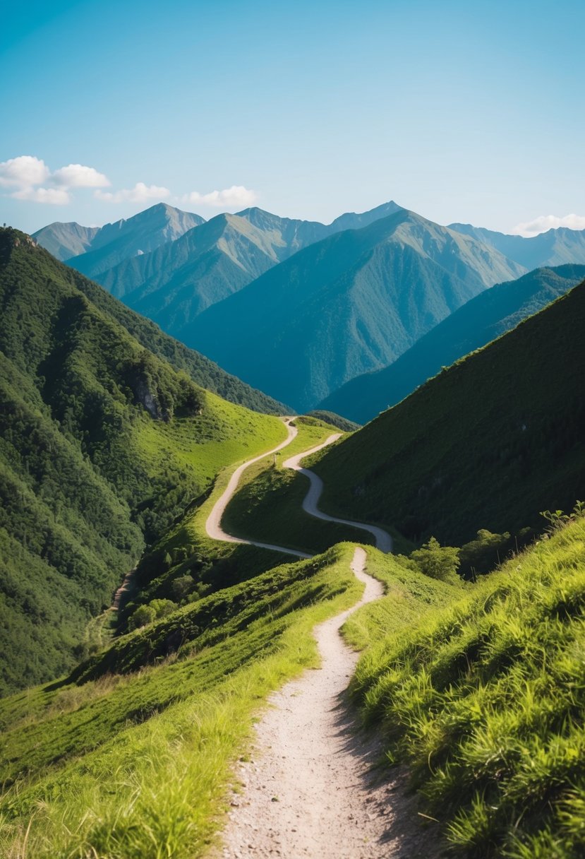 A winding trail through lush mountains, with a clear blue sky and a gentle breeze