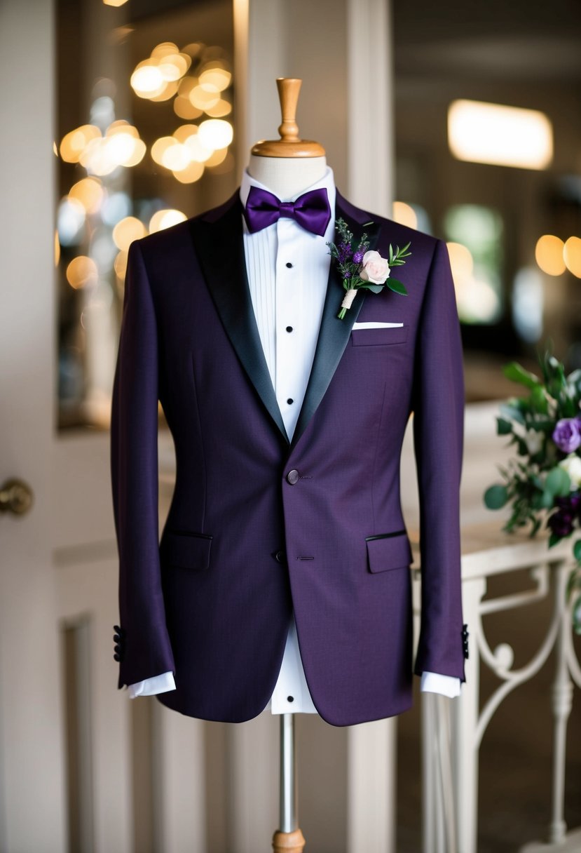 A classic dark purple tuxedo displayed on a mannequin with matching accessories and floral boutonniere