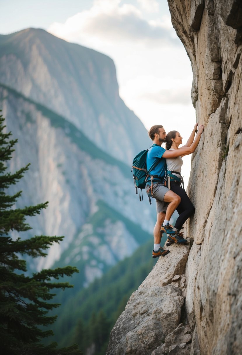 A couple rock climbing together on a scenic mountain cliff