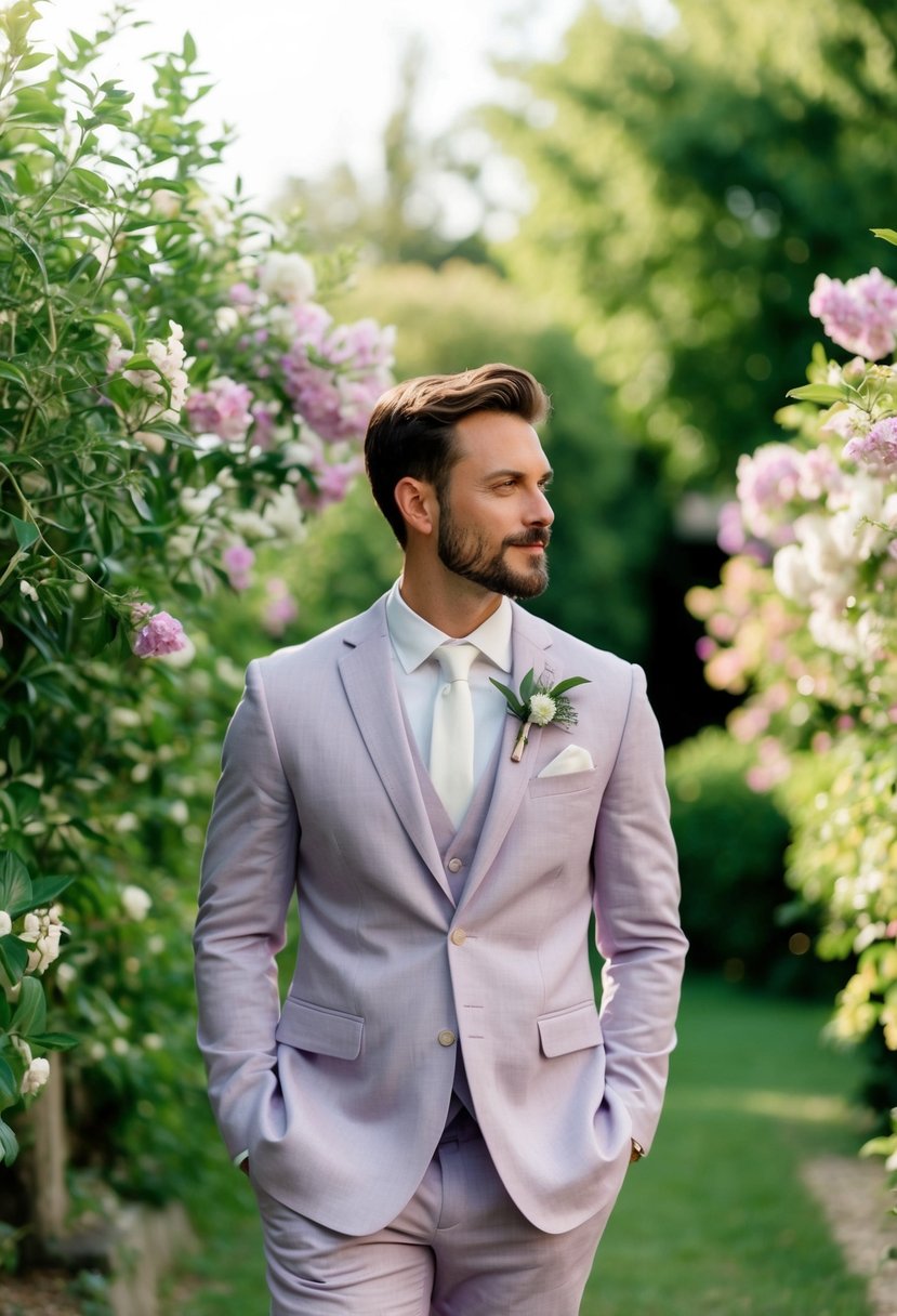 A breezy outdoor wedding with a groom in a stylish lilac linen suit, surrounded by lush greenery and blooming flowers