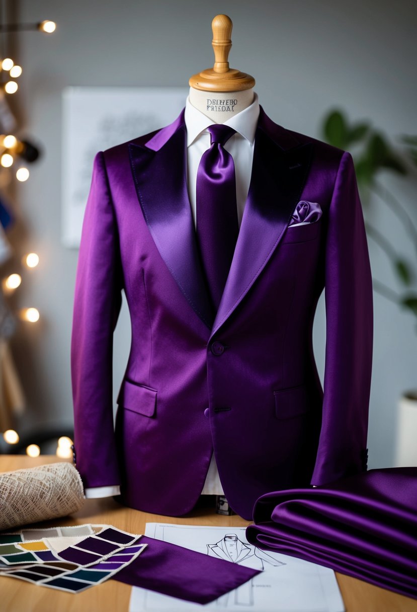 A midnight purple satin lapel suit hangs on a tailor’s mannequin, surrounded by swatches of coordinating fabric and a sketch of the design