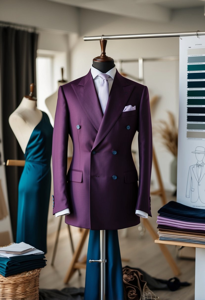 A deep amethyst double-breasted suit hangs on a tailor’s mannequin, surrounded by swatches of coordinating fabrics and design sketches