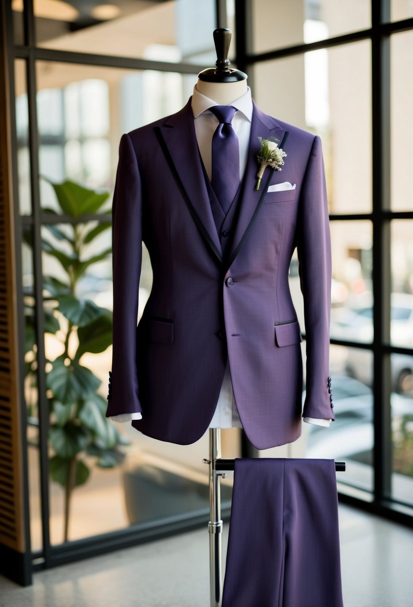 A sleek, eggplant-colored slim fit suit hangs on a tailor’s mannequin, ready for a stylish wedding ensemble