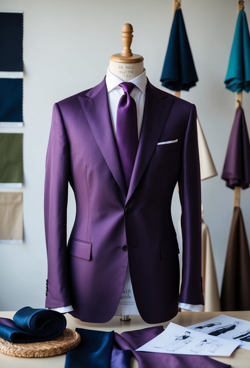 A grape silk blend suit hangs on a tailor’s mannequin, surrounded by swatches of coordinating fabrics and fashion sketches