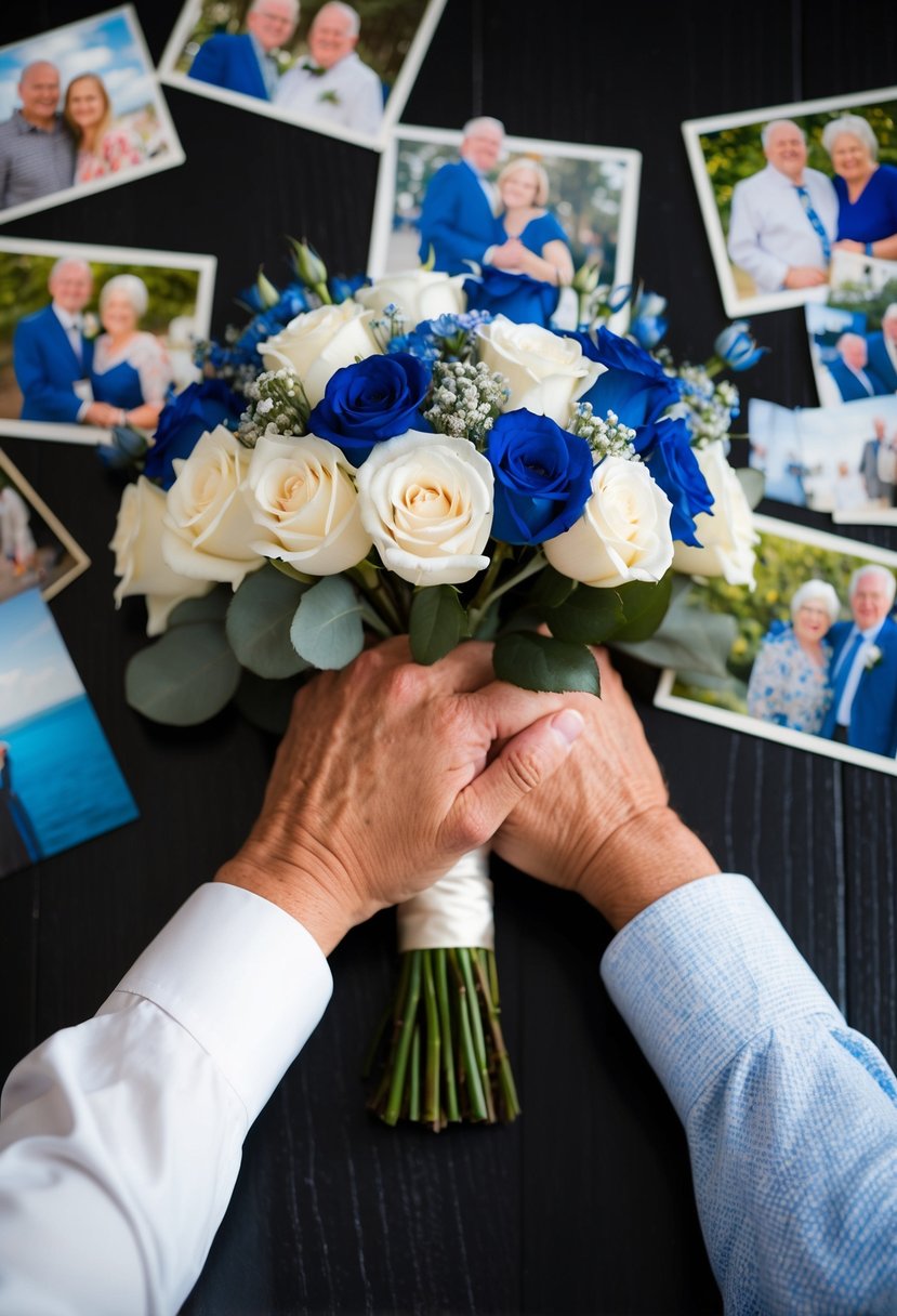 A couple's hands holding a bouquet of blue sapphires and white roses, surrounded by photos from their 65 years together