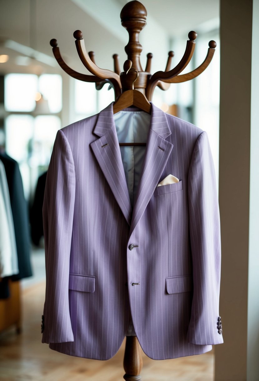 A lavender pinstripe suit hanging on a vintage wooden coat rack