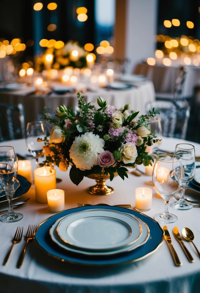 A dining table set with elegant tableware and a bouquet of flowers, surrounded by flickering candles and soft ambient lighting