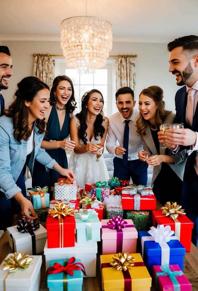 Friends surround a table filled with gifts and decorations. Laughter fills the room as they plan a surprise for the bride and groom