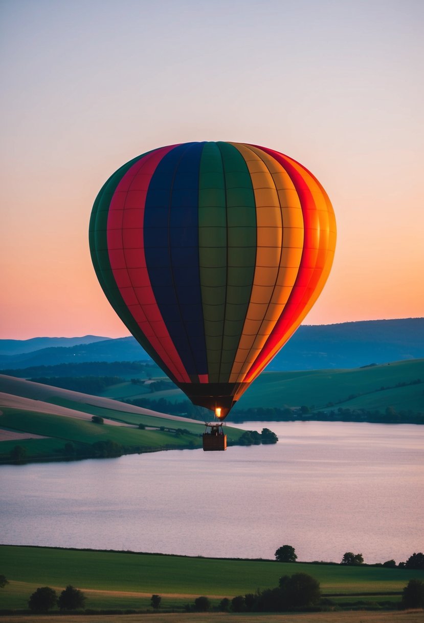 A colorful hot air balloon floats over rolling hills and a serene lake at sunset