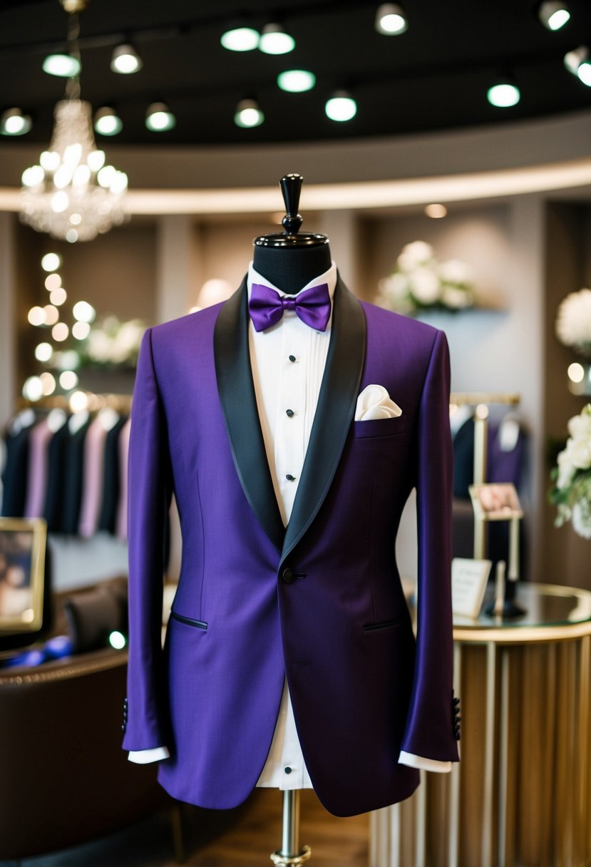 A groom’s purple shawl collar tuxedo suit displayed on a mannequin in a luxurious wedding boutique