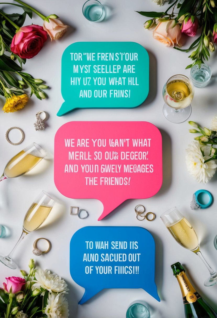 Friends' messages appear in colorful speech bubbles, surrounded by wedding-themed decorations like flowers, rings, and champagne glasses