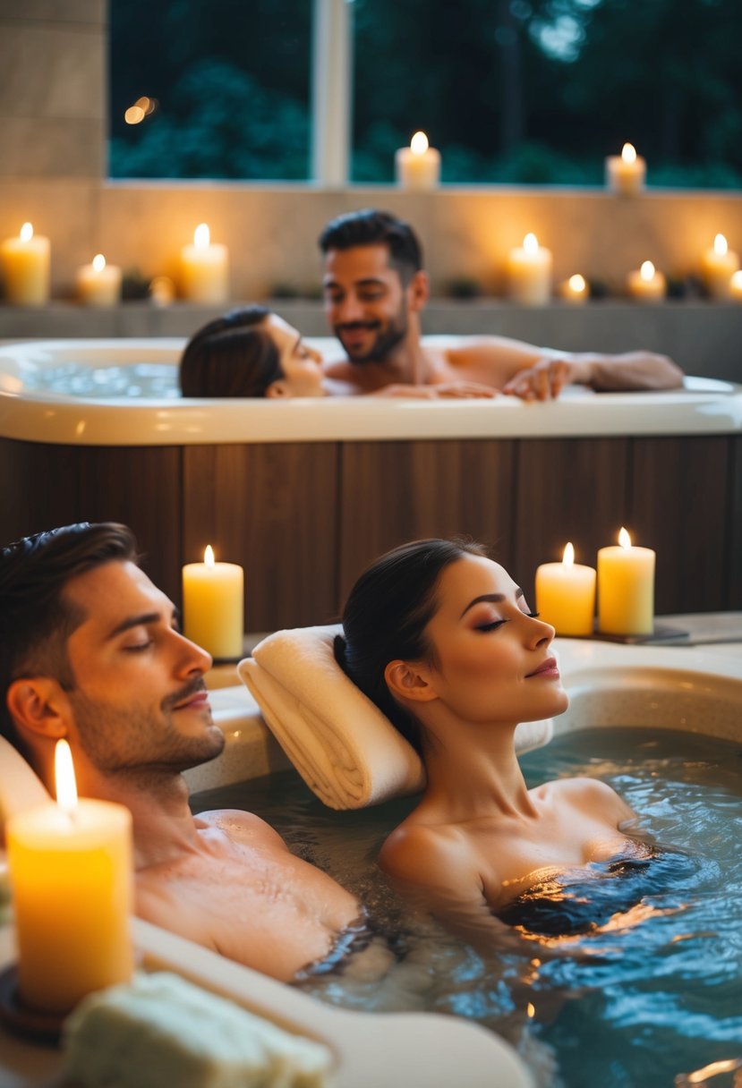 A serene spa with couples enjoying massages, facials, and soaking in a hot tub surrounded by candles and soft music