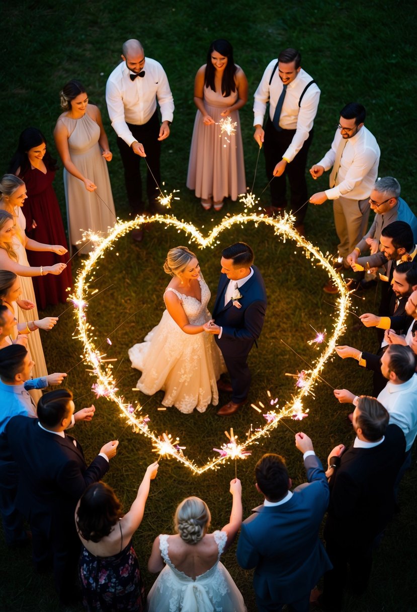 Friends gather in a circle, holding sparklers and forming a heart shape. The bride and groom stand in the center, surrounded by their loved ones, as they prepare to surprise them with a joyful dance performance