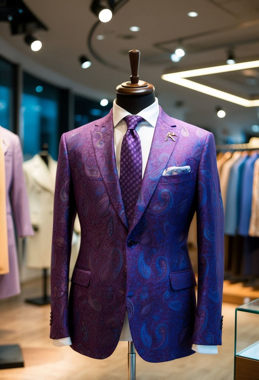 A purple paisley patterned suit displayed on a mannequin in a well-lit showroom