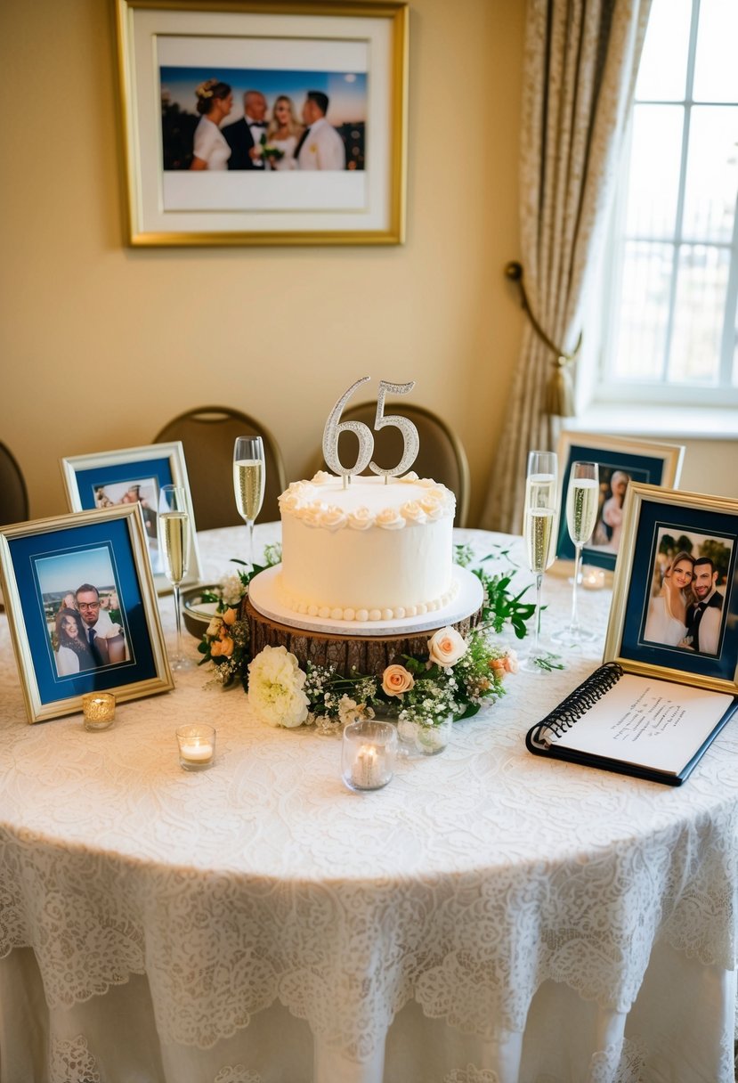 A table adorned with a lace tablecloth, surrounded by framed photos, flowers, and a cake with "65" topper. Sparkling champagne glasses and a guestbook await