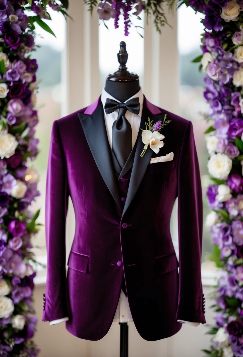 A luxurious orchid velvet dinner jacket hangs on a tailored suit form, surrounded by purple floral accents and elegant wedding decor