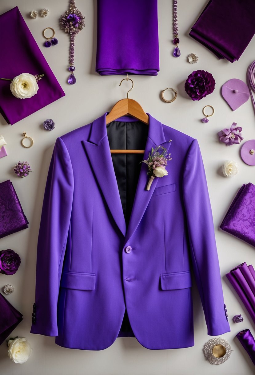 A violet blazer hanging on a wooden hanger, surrounded by a variety of purple fabric swatches and wedding accessories