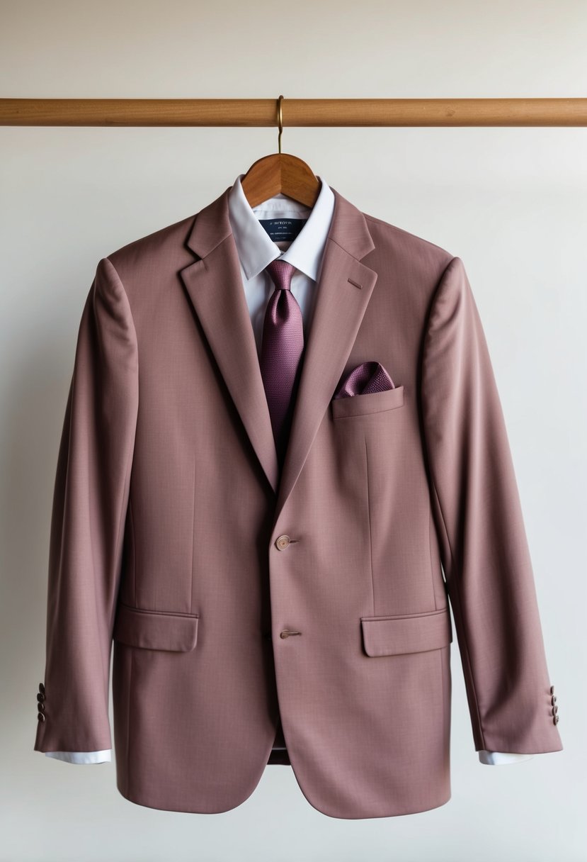 A mauve classic cut suit hangs on a wooden hanger against a white background, with a matching tie and pocket square laid out neatly beside it