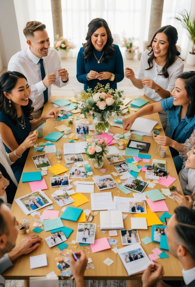 A table scattered with wedding photos, notes, and colorful scrapbook supplies, surrounded by excited friends sharing surprise ideas for the bride and groom