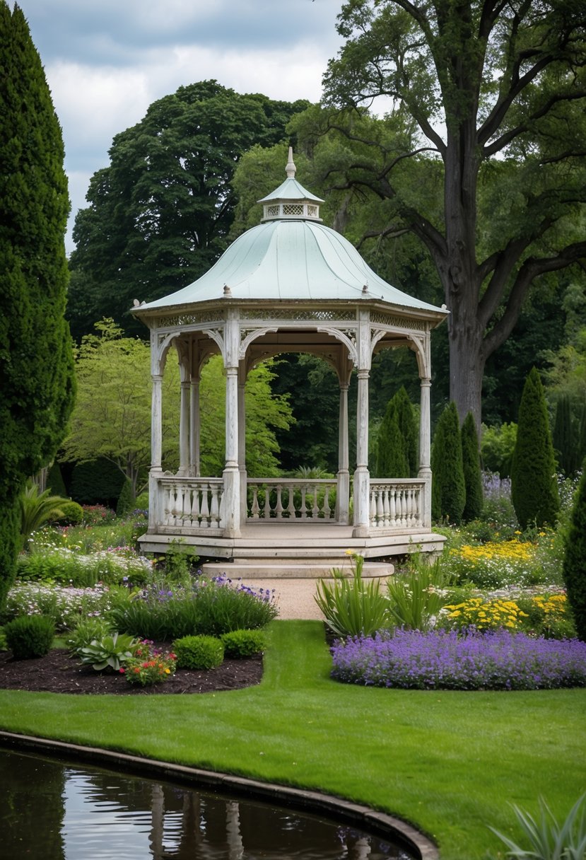 A picturesque garden with a grand, weathered gazebo and blooming flowers, surrounded by towering trees and a serene pond