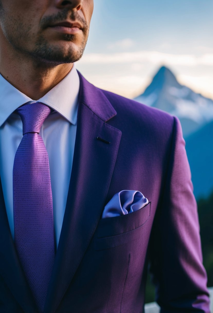 A man’s purple suit jacket and lapel, with a view of a mountain peak in the background