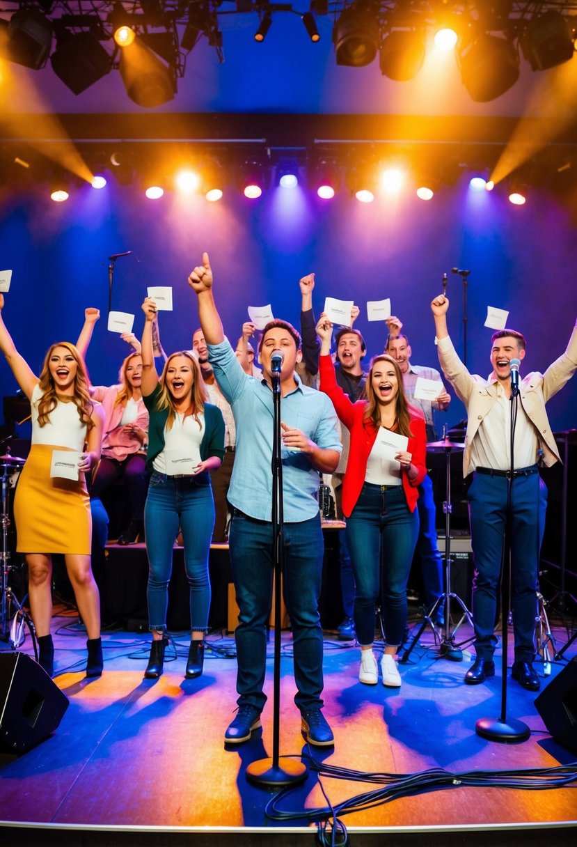 A stage set with instruments and microphones, surrounded by excited friends holding song request cards and cheering