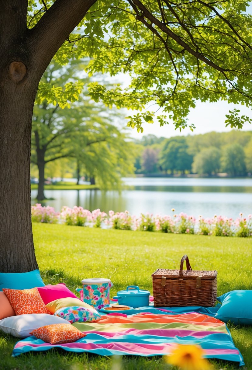 A colorful picnic spread under a shady tree in a serene park, with a view of a tranquil lake and blooming flowers