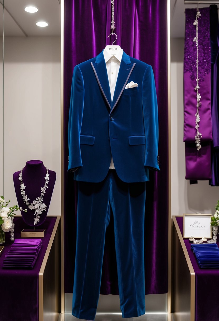 An indigo velvet suit hangs on a sleek display, surrounded by rich purple fabric swatches and elegant wedding accessories