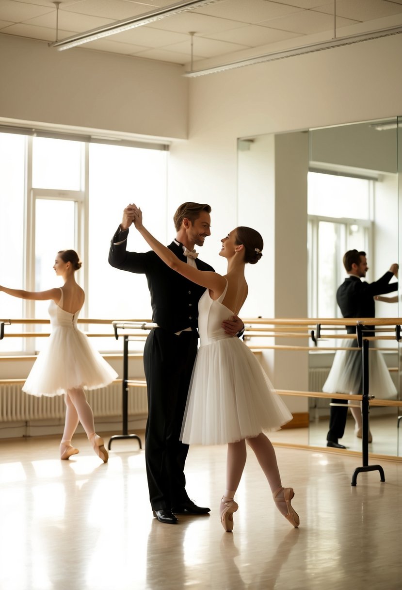 A couple gracefully waltzing in a sunlit studio, surrounded by mirrors and ballet barres, with the instructor guiding their movements