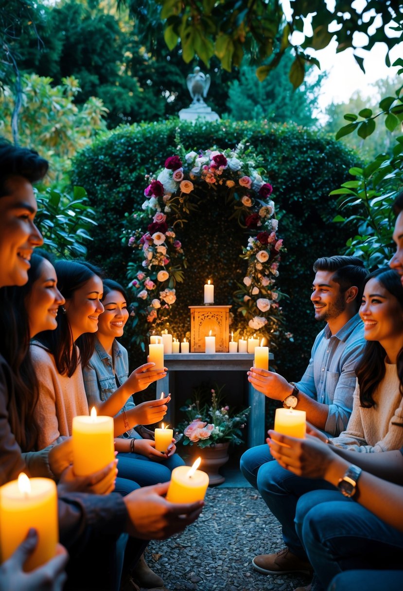 A secluded garden with a small altar adorned with flowers, surrounded by friends holding candles and smiling in anticipation