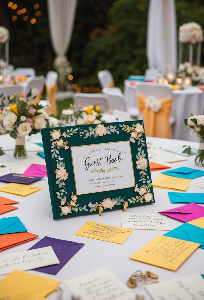 A table with a beautifully decorated guest book, surrounded by colorful envelopes and handwritten notes from friends, with wedding-themed decorations scattered around