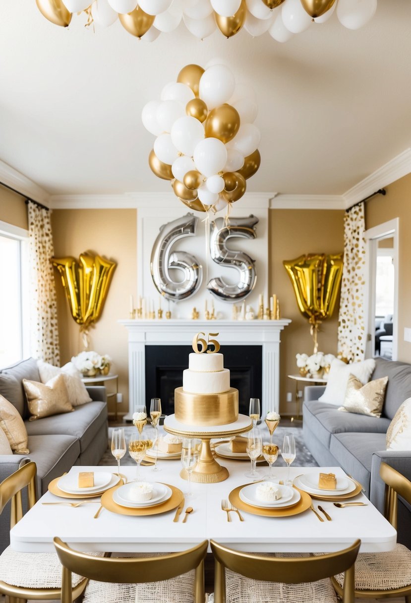 A cozy living room adorned with gold and white decorations, a large "65" balloon centerpiece, and a table set with a beautiful anniversary cake and champagne glasses